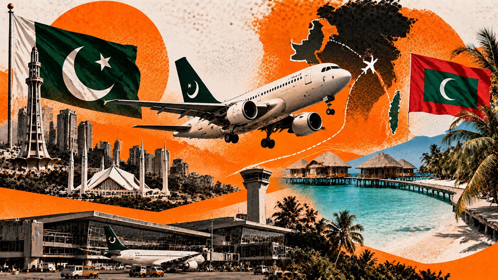 پی آئی اے کا مسافر طیارہ پاکستان سے مالدیپ کی جانب پرواز کرتے ہوئے، پاکستان اور مالدیپ کے پرچم، فضائی راستہ، ایئرپورٹ اور مالدیپ کے جزائر کی عکاسی کرتی ہوئی  تصویر۔