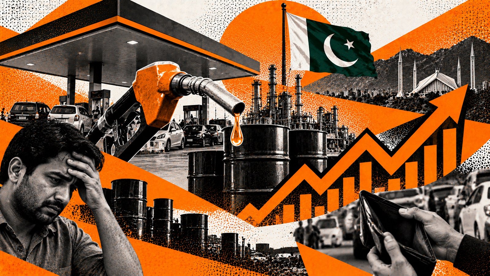 پاکستان میں پیٹرولیم مصنوعات کی قیمتوں میں مسلسل اضافے، بڑھتے ہوئے ایندھن کے اخراجات اور عوام پر پڑنے والے معاشی دباؤ کو اجاگر کرتی ہوئی تصویر۔