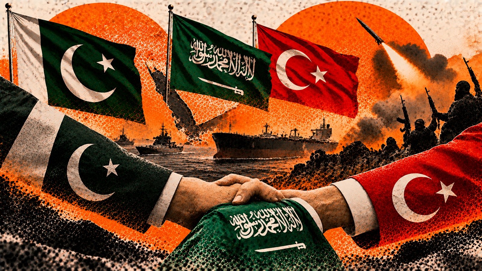 پاکستان، سعودی عرب اور ترکی کے قومی پرچم، بحری جہاز، آئل ٹینکر، میزائل اور علاقائی کشیدگی کی عکاسی کرتی ہوئی تصویر۔