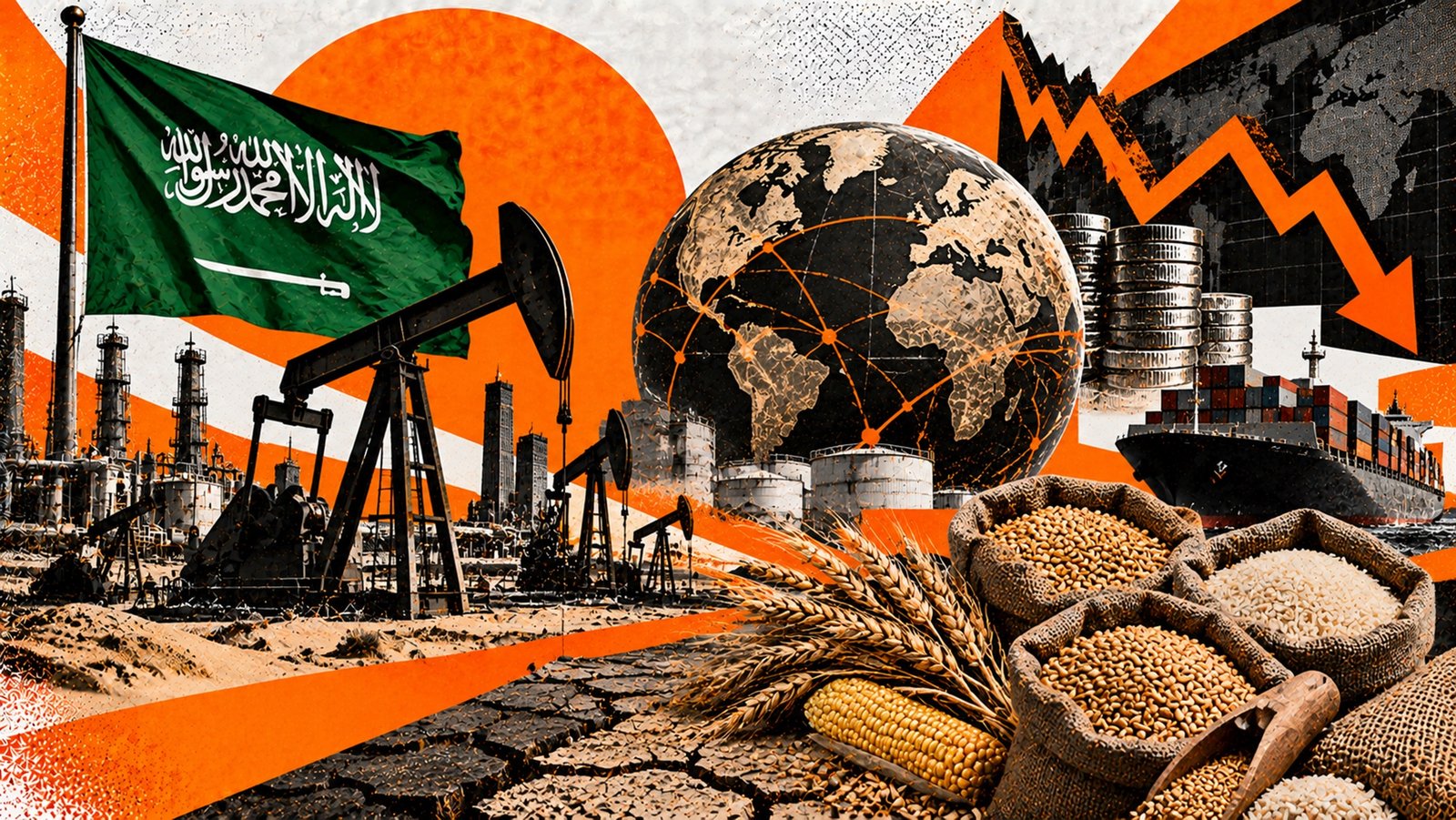 سعودی تیل کے بحران کے عالمی معیشت پر ممکنہ اثرات اور توانائی کی قیمتوں، عالمی تجارت اور غذائی سپلائی سے جڑے خدشات کو اجاگر کرتی ہوئی  تصویر۔