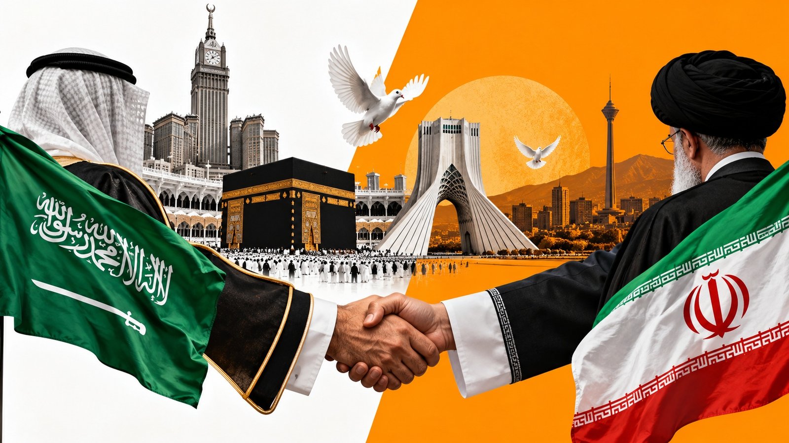 ایران اور سعودی عرب کے درمیان امن و سفارتی تعاون کی علامتی تصویر، جس میں دونوں ممالک کے پرچم اور مکہ مکرمہ کی عمارتیں دکھائی گئی ہیں۔