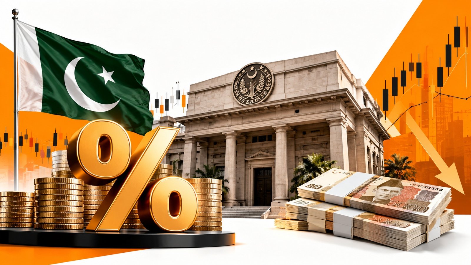 اسٹیٹ بینک آف پاکستان، پاکستانی کرنسی اور شرح سود میں کمی کی عکاسی کرتی مالیاتی تصویر