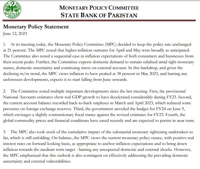 پاکستانی مانیٹری پالیسی کا اعلان، شرح سود بغیر کسی تبدیلی کے برقرار