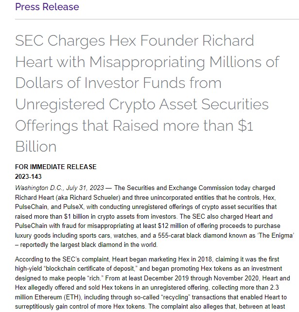 US SEC کا Richard Heart , Pulse Chain اور Hex کے خلاف مقدمات کا اعلان