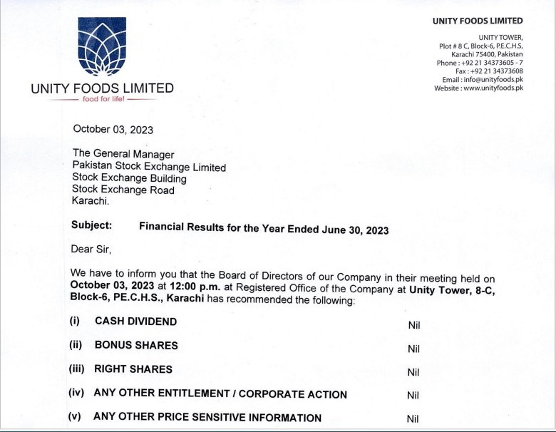 Unity Foods Limited کے معاشی نتائج ، کمپنی کی اسٹاک ویلیو میں مندی.