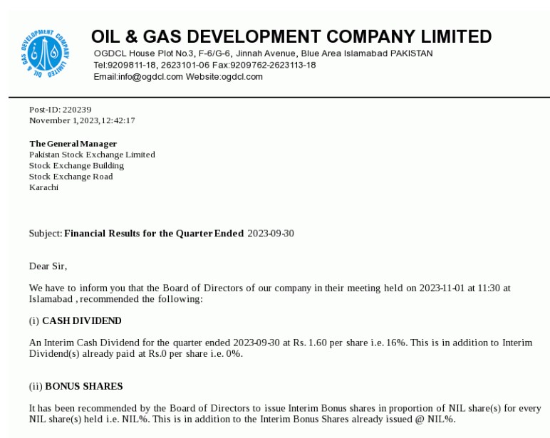 OGDC کی Financial Report کا اجرا ، Stock Value میں تیزی کا تسلسل جاری . 