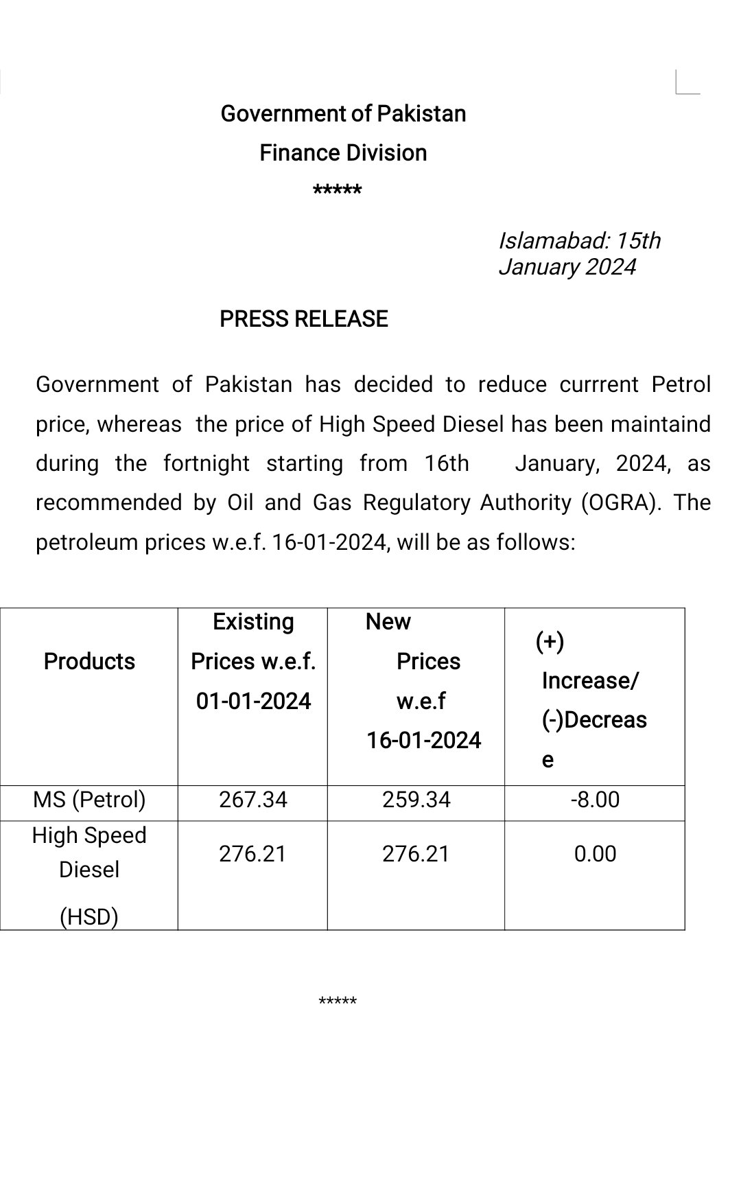 Petroleum Products کی قیمتوں میں کمی ، فیصلے کا اطلاق کر دیا گیا۔