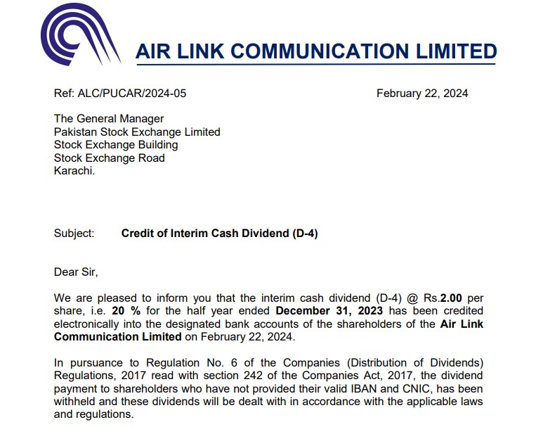 AIRLINK کی شیئر ویلیو 60 روپے کے قریب آ گئی. Interim Dividend کا اجرا اور Exports میں اضافہ.