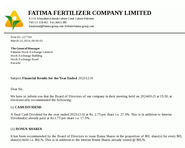 Fatima Fertilizer's declaration
