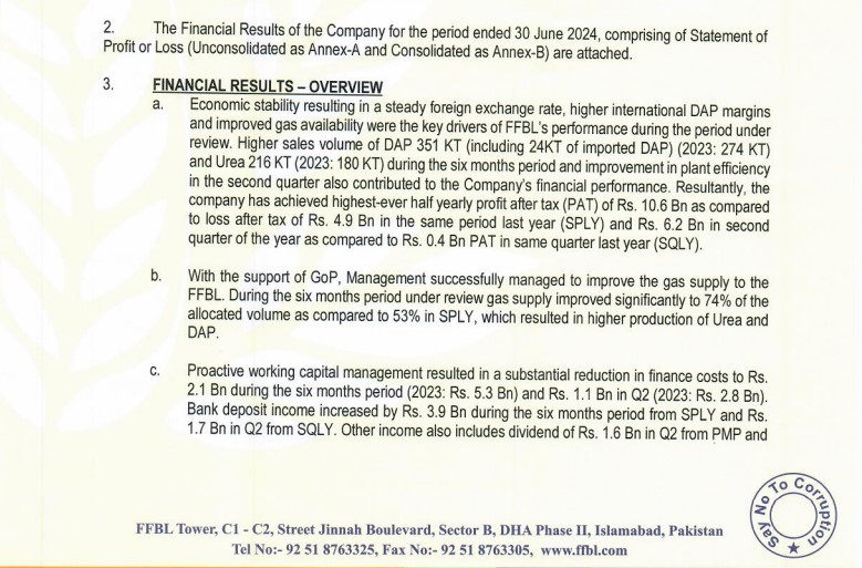 FFBL کی شیئر پرائس میں تیزی، Financial Results میں شاندار منافع. 