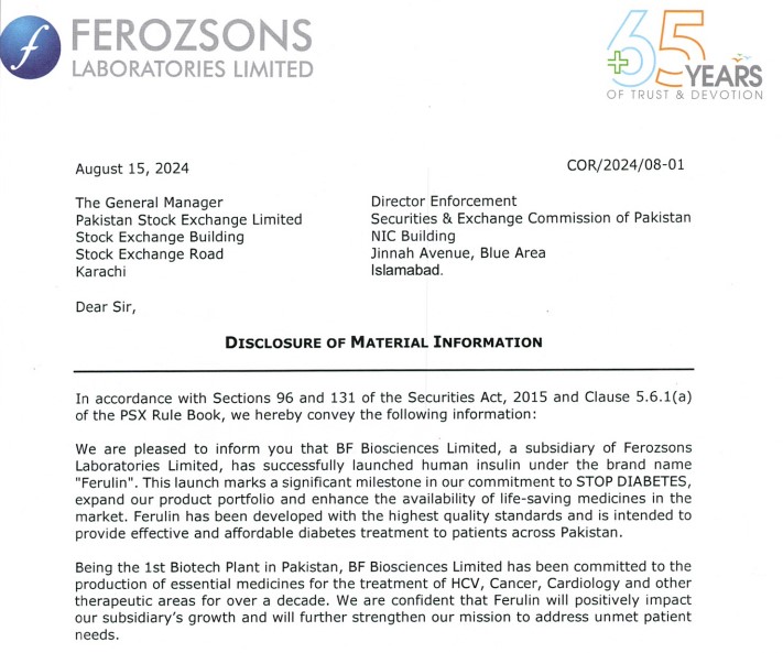 Feroz Sons News Circular in Pakistan Stock Exchange. 