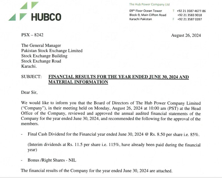 Hubco Financial released as on 26th August. 