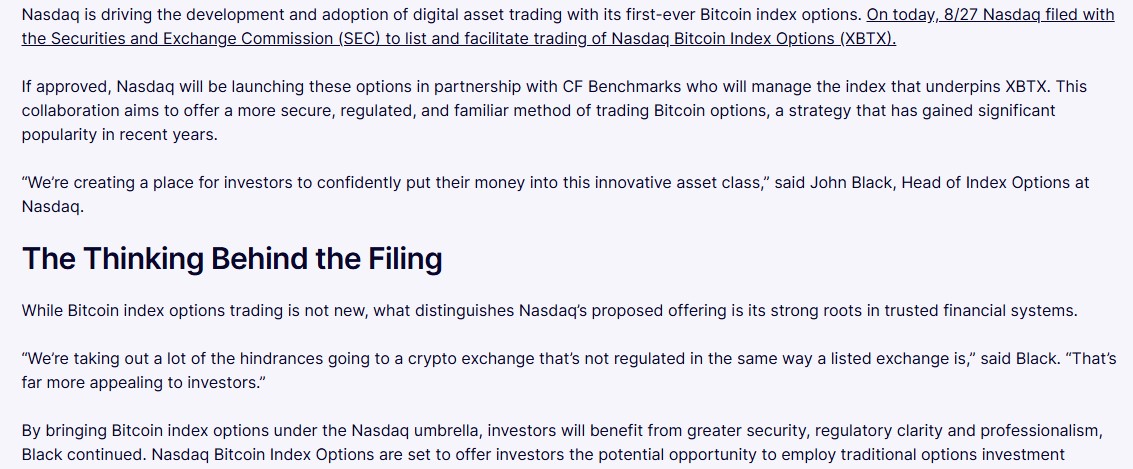 Nasdaq announcement about Bitcoin Options