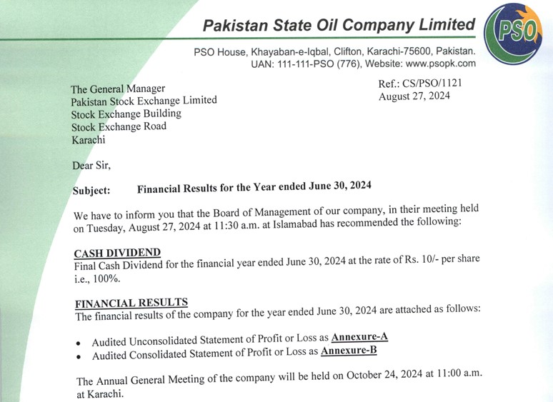 PSO Financial Results as on 27th August 2024. 