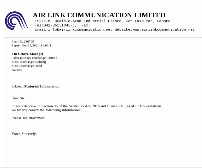 Airlink Notification 12th September 2024