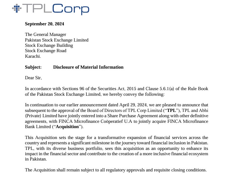 TPLP Notification in Pakistan Stock Exchange