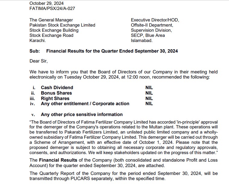 Fatima Fertilizers Financial Results 29th October 2024