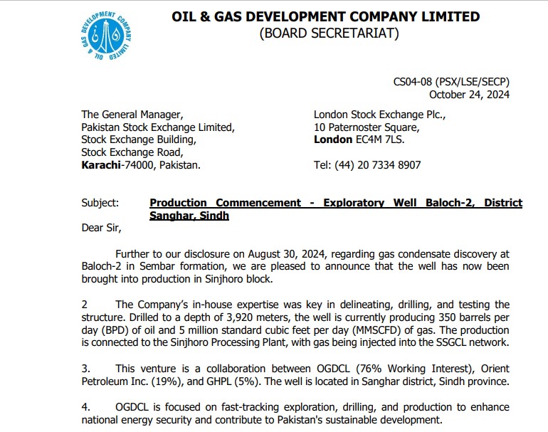 Notification From OGDC about Commencement of Production