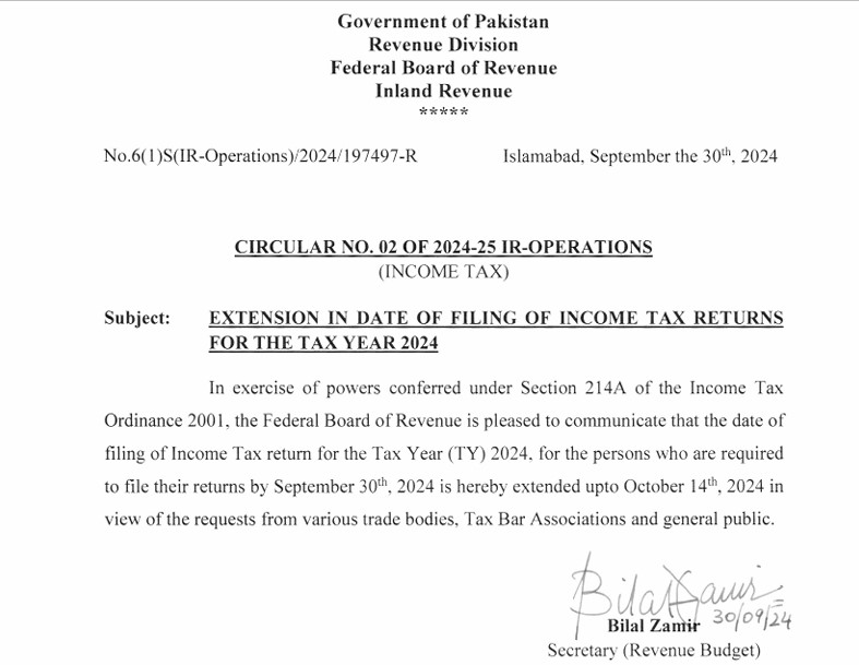 Notification from FBR about Extension of Tax Returns