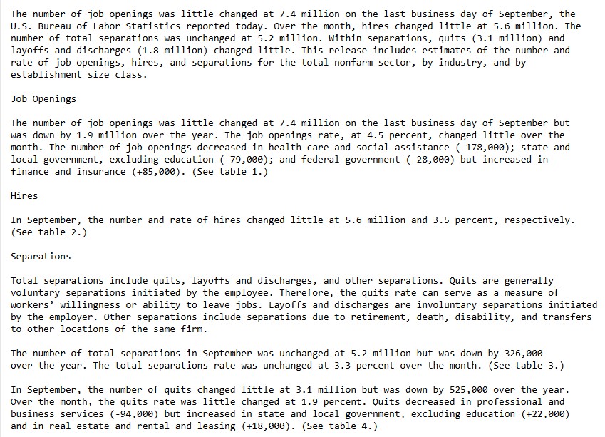 US Jolts Jobs Opening Summary released as on 29th October 2024