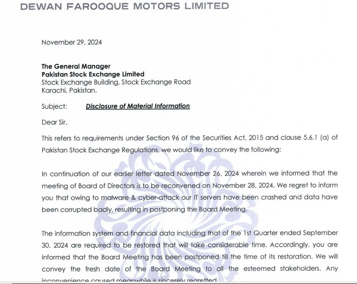 Deewan Farooq Motor Limited's notice in Pakistan Stock Exchange