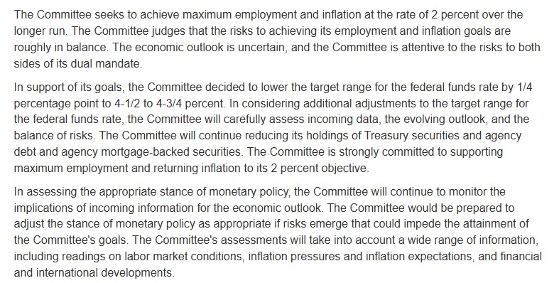 FOMC Policy Statement for November Meeting