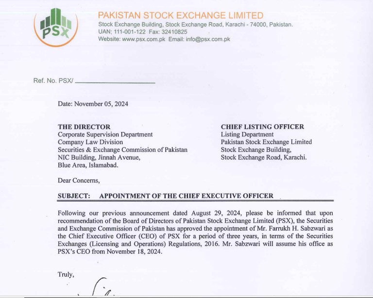 PSX Notification about appointment of CEO