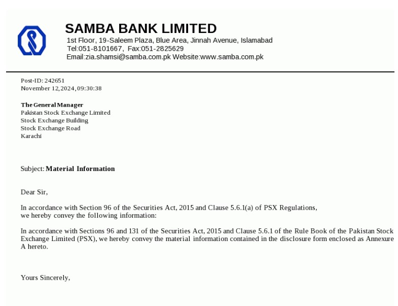 Samba Bank Notification in PSX