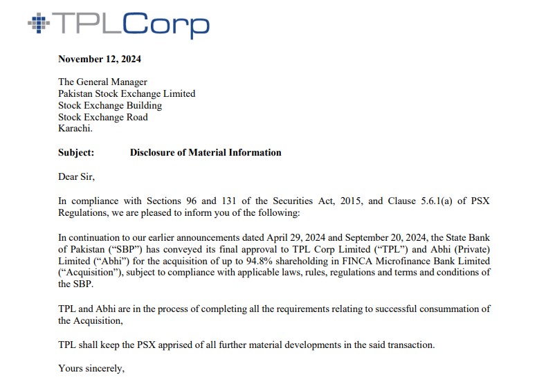 TPL's Announcement as on 13th November 2024