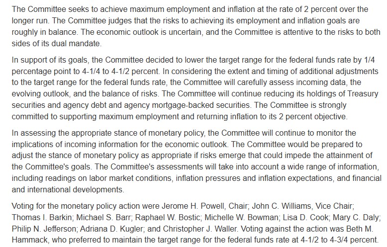 FOMC Statement for December Meeting