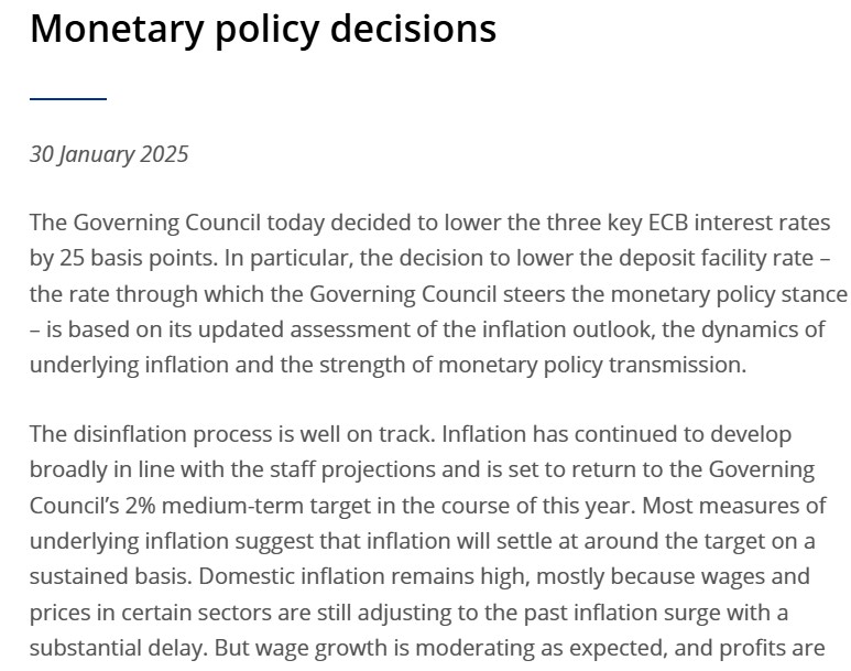 ECB Monetary Policy Statement as on 30th January 2025