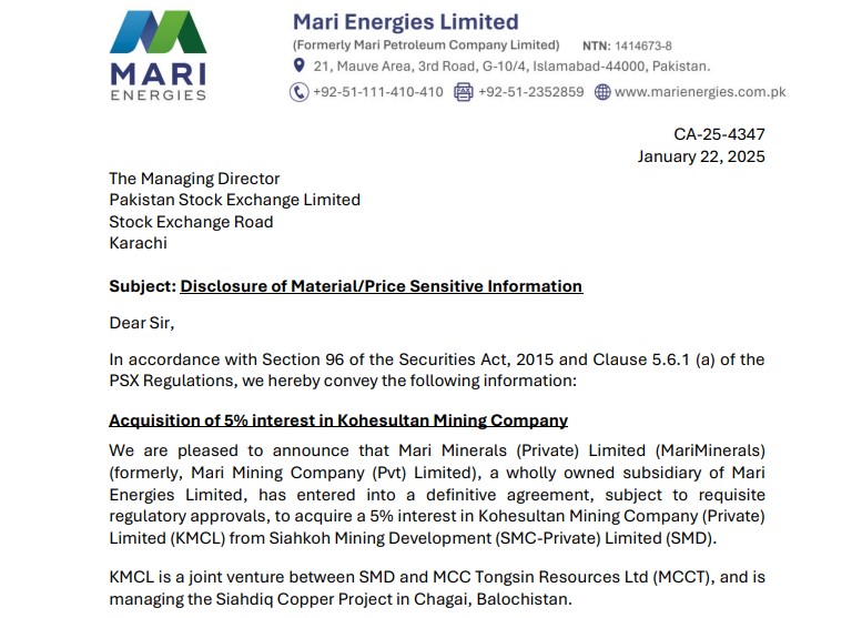 Notification of Mari Energies in Pakistan Stock Exchange