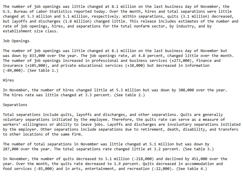 US Jolts Jobs Openings Summary