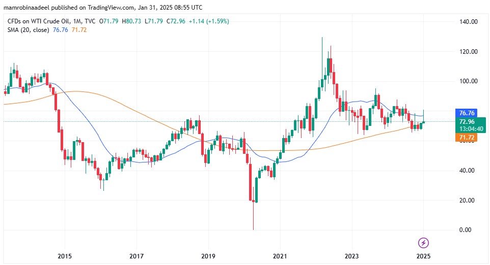 WTI Crude Oil as on 31st January 2025 during European Sessions