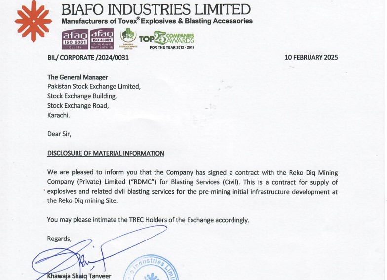 Biafco released details of the Agreement in Pakistan Stock Exchange