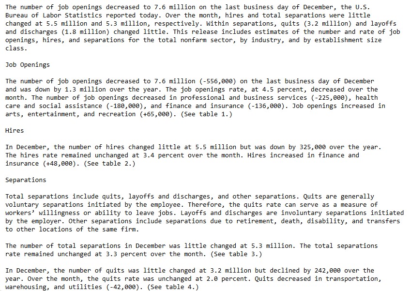 US Jolts Jobs Opening Statement released on 4th Feb. 2025