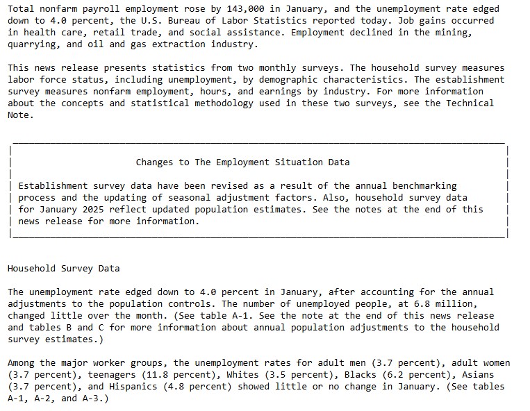 US Nonfarm Payroll Summary released on 7th Feb. 2025