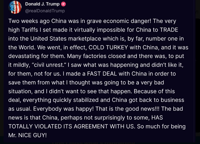 Message of Donald Trump on Truth Social Media.