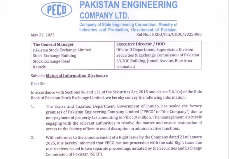 PECO shared the event in Pakistan Stock Exchange.