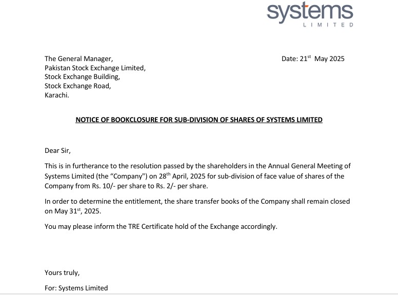 Public Notification from System Limited in PSX