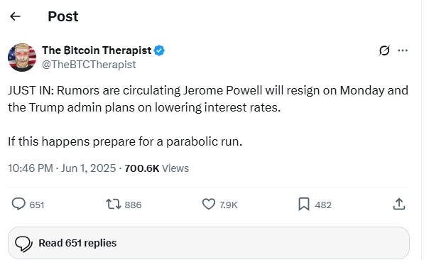 A Social Media Post about Jerome Powell's resignation