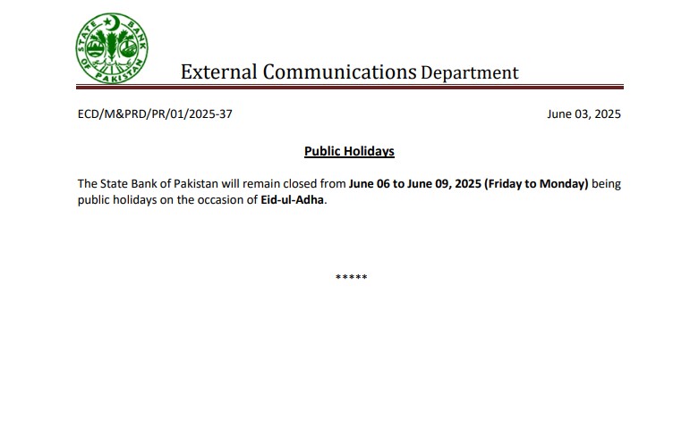 Public Holidays announcement from State Bank of Pakistan