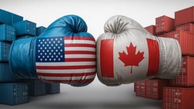 A visual representation of a handshake between Canadian and American trading entities
