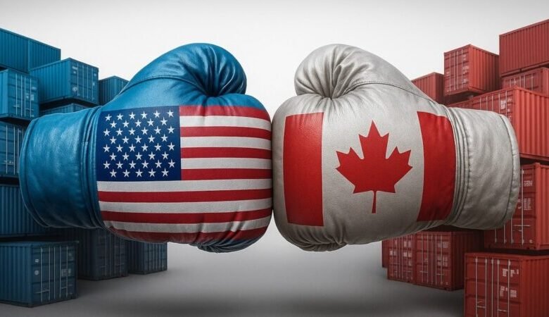 A visual representation of a handshake between Canadian and American trading entities