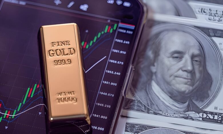 Gold bar on financial chart showing market outflow with US dollar bills in background