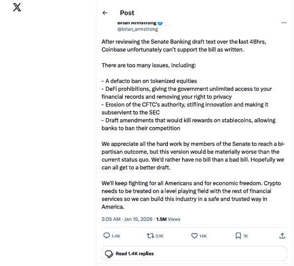 Coinbase CEO message on Social Media Platform about Crypto Market Legislation